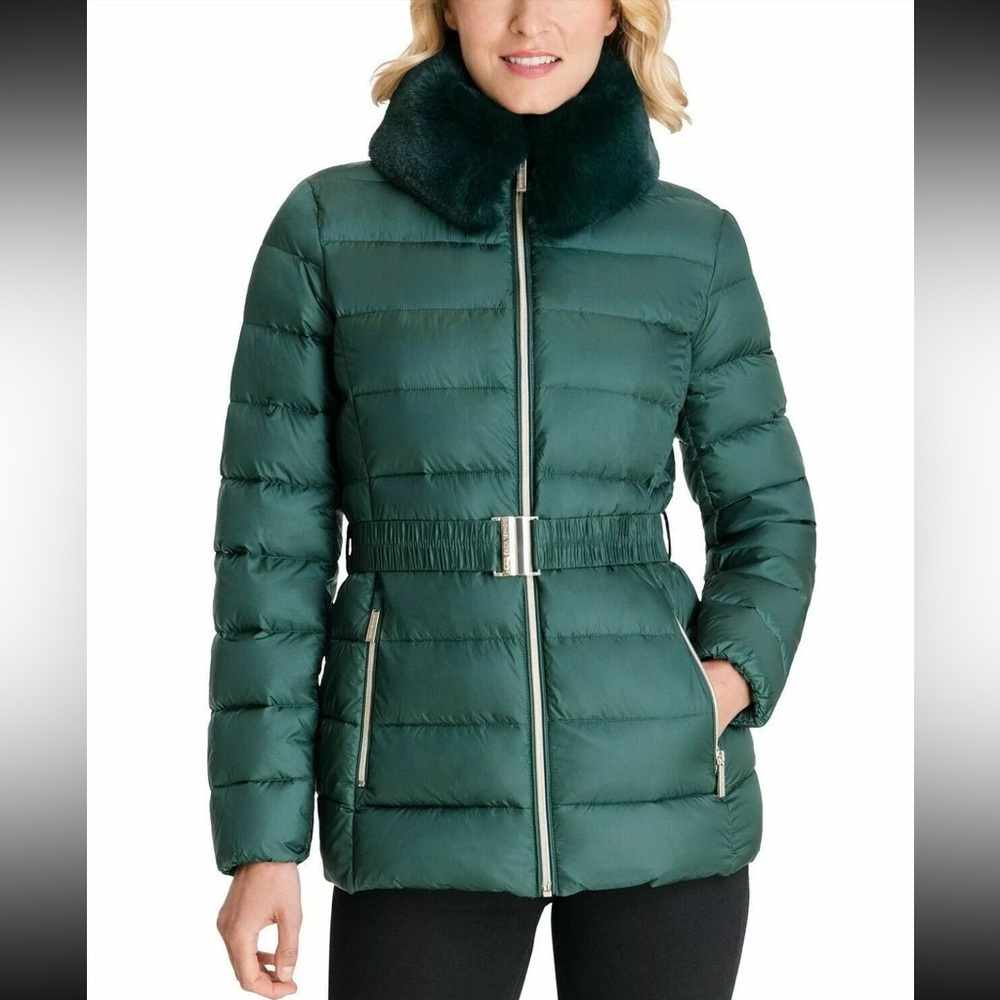 Michael Kors MK Green Fur Neck Puffer Coat - Used - Great Condition